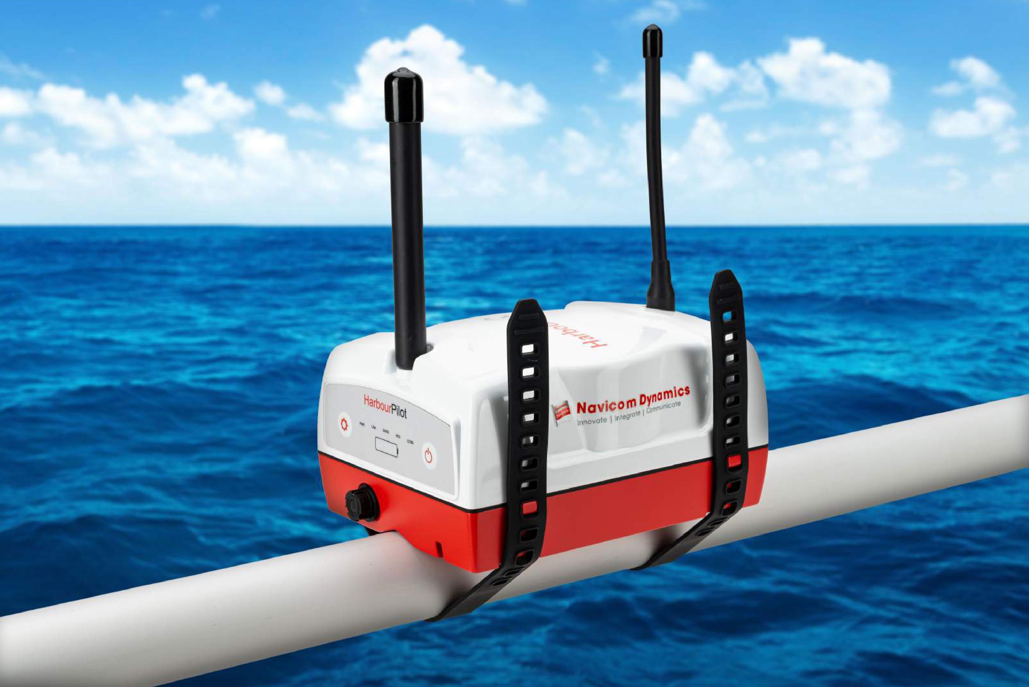 The HarbourPilot Mk5 Portable Pilot Unit unit attached to a ships' railing